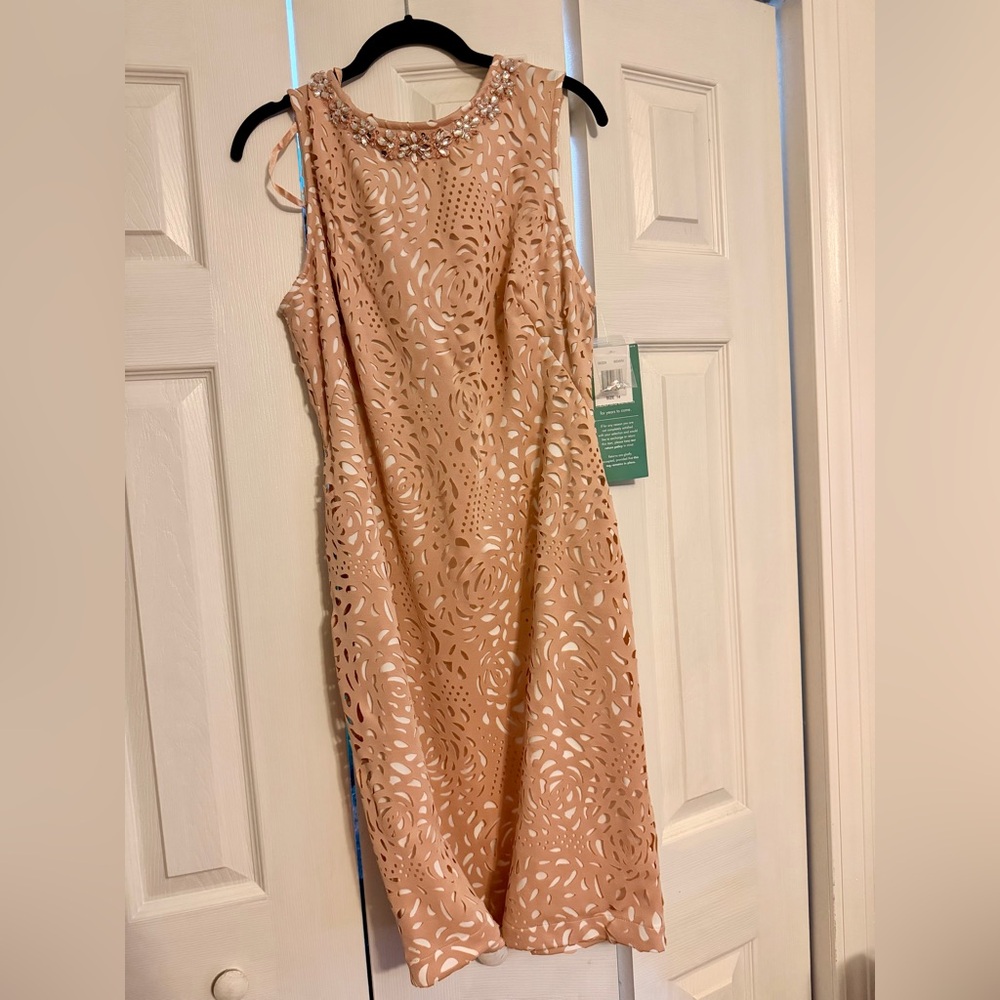 Embellished Laser-Cut Midi Dress in Blush Pink